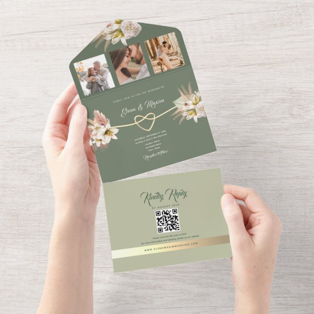 Invitación Todo En Uno Boda Boho Foto Verde Oliva (desgarro)