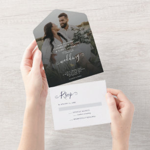 Invitación Todo En Uno Boda Boho Moderna Elegante Azul Marino
