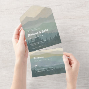 Invitación Todo En Uno Boda Boho Montañas Azules y Bosque Retro