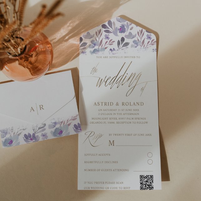Invitación Todo En Uno Boda Boho Morado Floral Falso Script Dorado  (Subido por el creador)