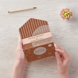 Invitación Todo En Uno Boda Boho Naranja y banda geométrica marrón