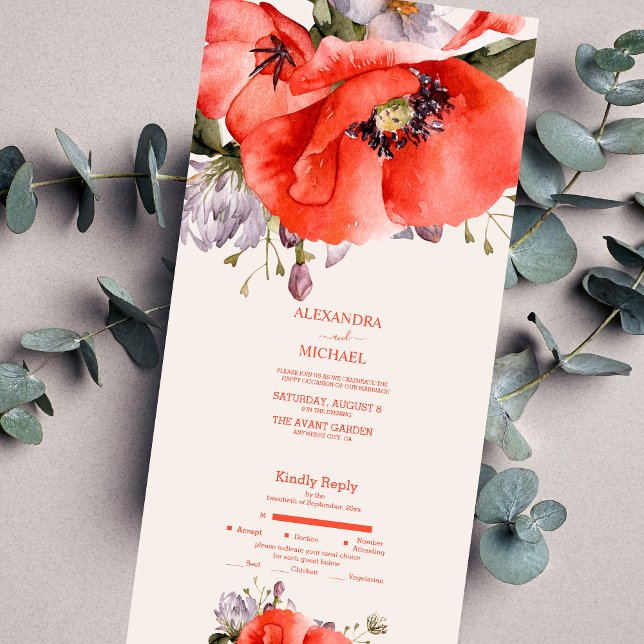 Invitación Todo En Uno Boda Boho Neutral Acuarela Amapolas (Subido por el creador)