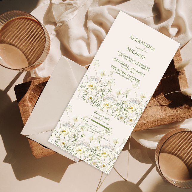 Invitación Todo En Uno Boda Boho Neutro Flores Silvestres Acuarela Blanco (Subido por el creador)