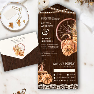 Invitación Todo En Uno Boda Boho Otoño Madera Rústica de Granero Calabaza