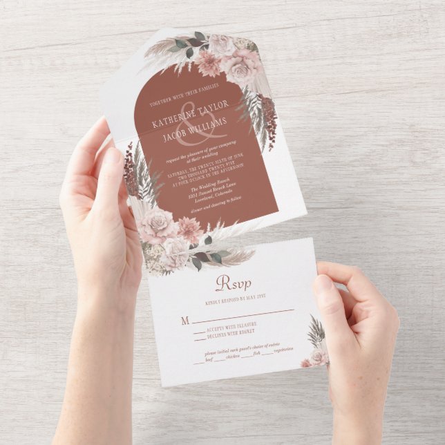 Invitación Todo En Uno Boda Boho Pampas Grass Terracotta (desgarro)