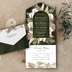 Invitación Todo En Uno Boda Boho Pampas Orquídea Blanca Palma Salvia Seca
