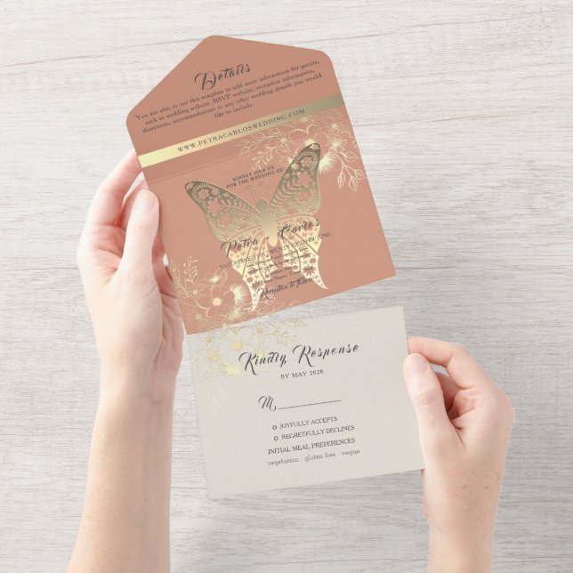 Invitación Todo En Uno Boda Boho Primavera Melocotón (desgarro)