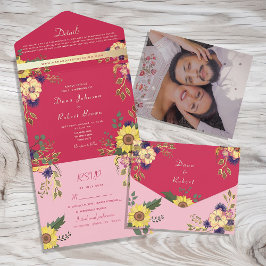 Invitación Todo En Uno Boda Boho Rosa Girasol