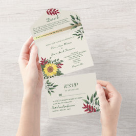 Invitación Todo En Uno Boda Boho Rústica con Girasoles