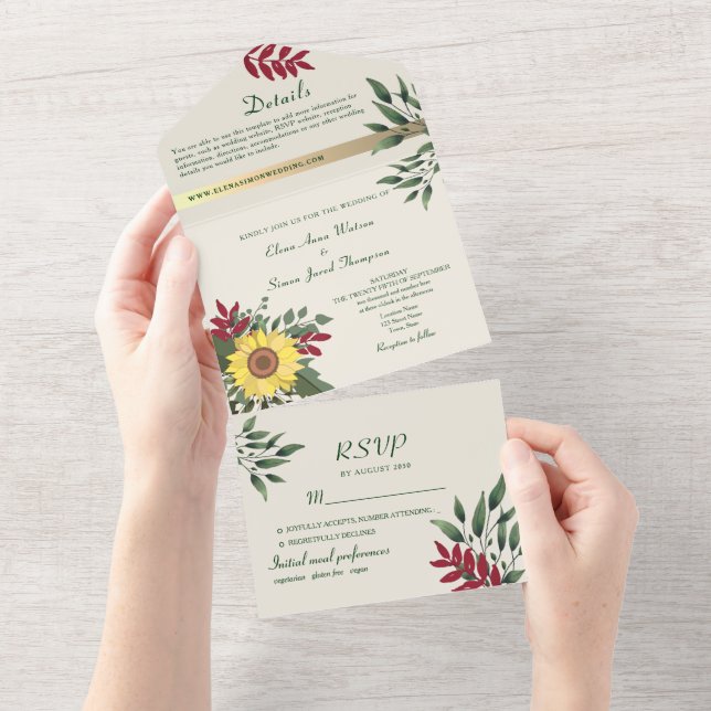 Invitación Todo En Uno Boda Boho Rústica con Girasoles (desgarro)