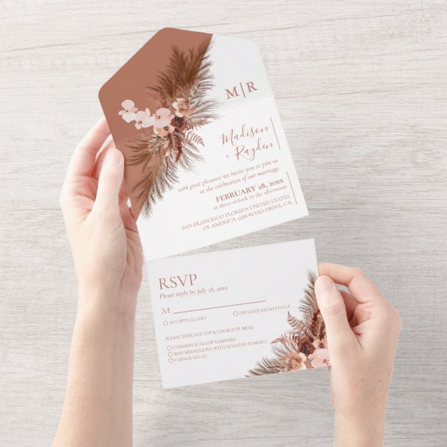 Invitación Todo En Uno Boda Boho Slant Floral Pampas Grass Terracotta (desgarro)