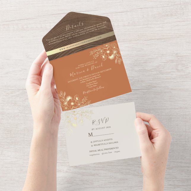 Invitación Todo En Uno Boda Boho Terracota (desgarro)