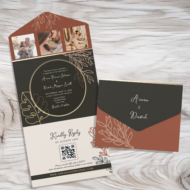 Invitación Todo En Uno Boda Boho Terracotta Negro y Blanco (Subido por el creador)