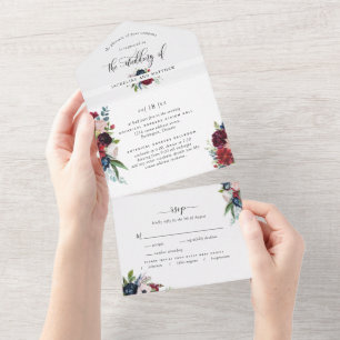 Invitación Todo En Uno Boda Borgoña y Azul con RSVP Perforada
