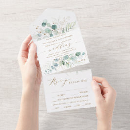 Invitación Todo En Uno Boda Botánica Acuarela Todo en Oro y Verde