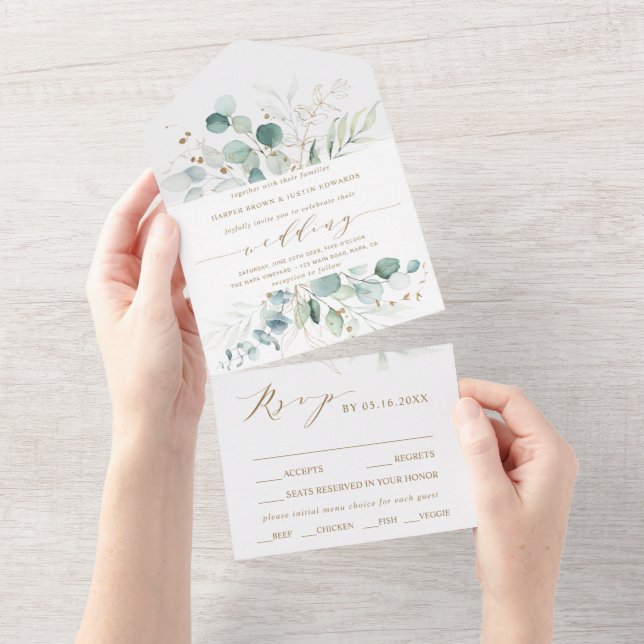 Invitación Todo En Uno Boda Botánica Acuarela Verde y Dorado Todo Incluid (desgarro)