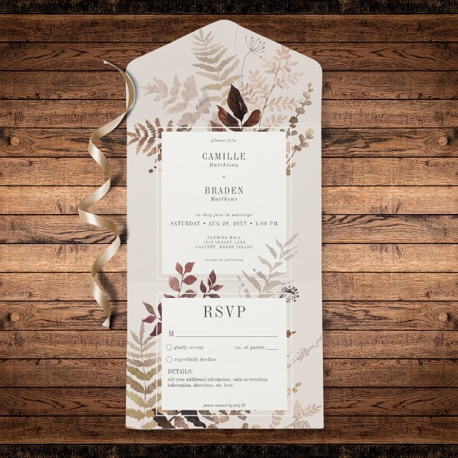 Invitación Todo En Uno Boda Botánica Bohemiana de Otoño sin Cena Marrón (Modern Autumn Brown Ferns & Leaves No Dinner All In One Invitation)