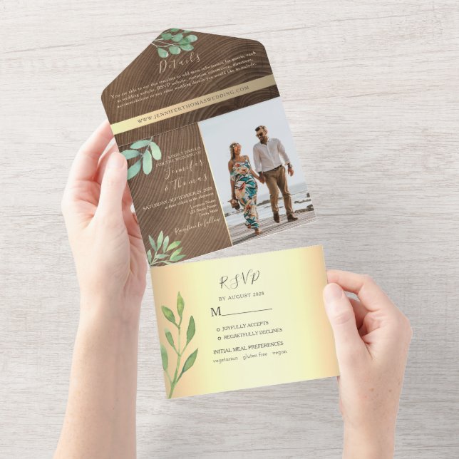 Invitación Todo En Uno Boda Botánica de Madera Rústica (desgarro)