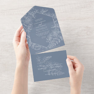 Invitación Todo En Uno Boda Botánica Floral Azul Polvo Chic Blanco