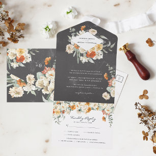 Invitación Todo En Uno Boda Botánica Floral Verde Boho Oscuro