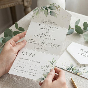 Invitación Todo En Uno Boda Botánica Hojas Doradas de Eucalipto