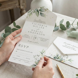 Invitación Todo En Uno Boda Botánica Hojas Doradas de Eucalipto