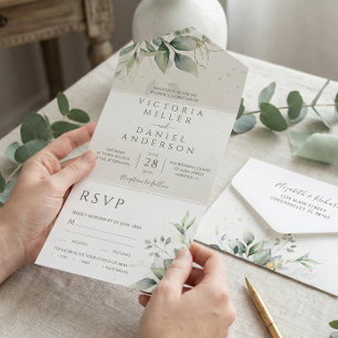 Invitación Todo En Uno Boda Botánica Hojas Doradas de Eucalipto
