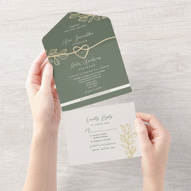 Invitación Todo En Uno Boda Botánica Verde Oliva (desgarro)