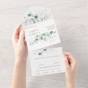 Invitación Todo En Uno Boda botánico de acuarela dorada y verde