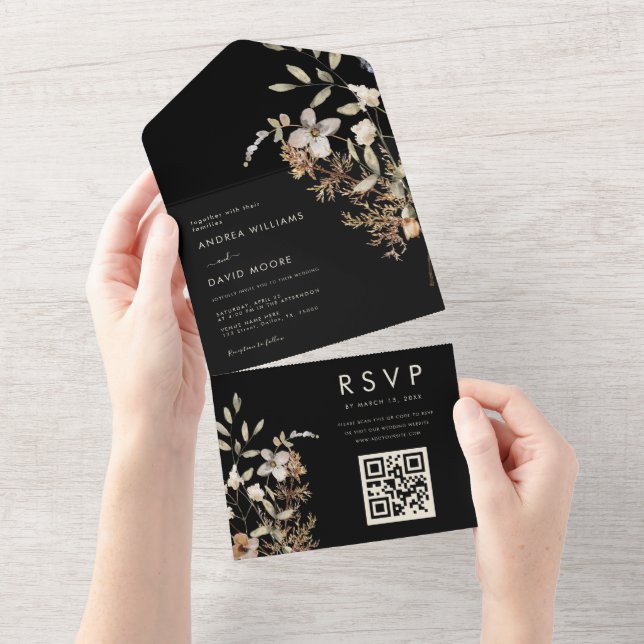 Invitación Todo En Uno Boda Botánico de Black Wildflower Garden Cae (desgarro)