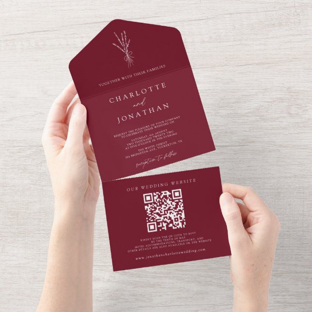Invitación Todo En Uno Boda Botánico de Borgoña Simple (desgarro)