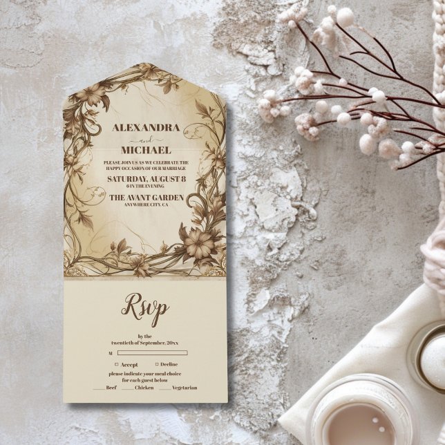 Invitación Todo En Uno Boda Botánico de Oro Art Nouveau (Subido por el creador)