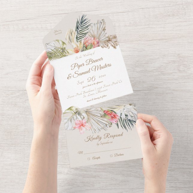 Invitación Todo En Uno Boda Botánico De Pampas Tropicales Todo En Una Inv (desgarro)