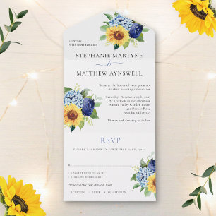 Invitación Todo En Uno Boda botánico de Sunflower Dusty Blue Floral