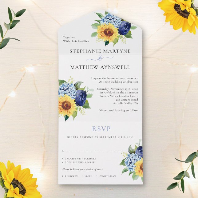 Invitación Todo En Uno Boda botánico de Sunflower Dusty Blue Floral (Subido por el creador)
