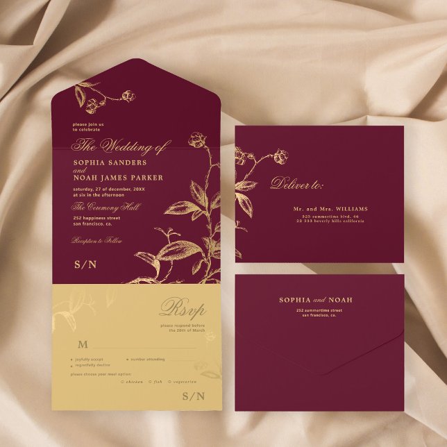 Invitación Todo En Uno Boda botánico elegante burdeos dorado (Subido por el creador)