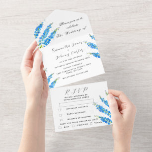 Invitación Todo En Uno Boda Botánico Floral Azul Delfino