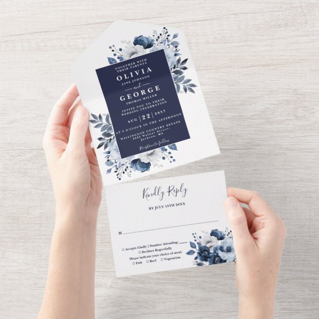 Invitación Todo En Uno Boda Botánico Floral Azul Marina (desgarro)