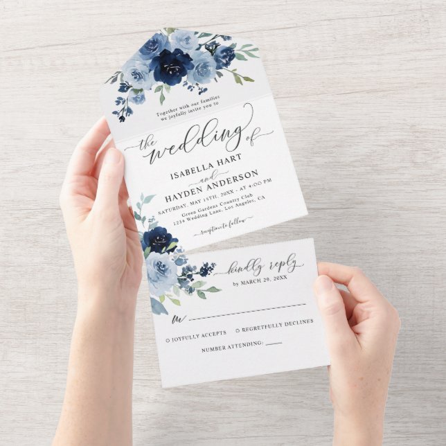 Invitación Todo En Uno Boda Botánico Floral de pizarra de la Marina Azul (desgarro)