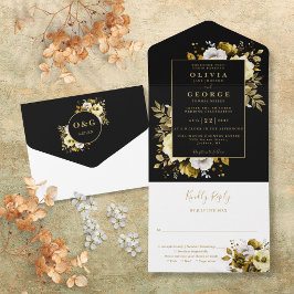 Invitación Todo En Uno Boda Botánico Floral Moderno De Color Negro Y Oro