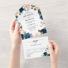 Invitación Todo En Uno Boda botánico floral rosa Rubor azul marino