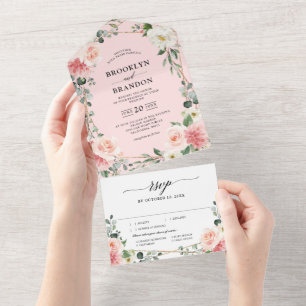 Invitación Todo En Uno Boda botánico geométrico de oro floral rosa Rubor