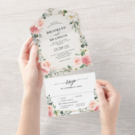 Invitación Todo En Uno Boda botánico geométrico de oro floral rosa Rubor