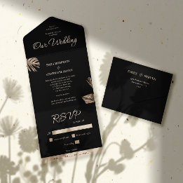 Invitación Todo En Uno Boda Botánico Moderno Negro y Oro