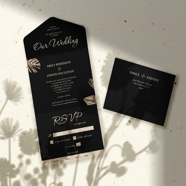 Invitación Todo En Uno Boda Botánico Moderno Negro y Oro (Subido por el creador)