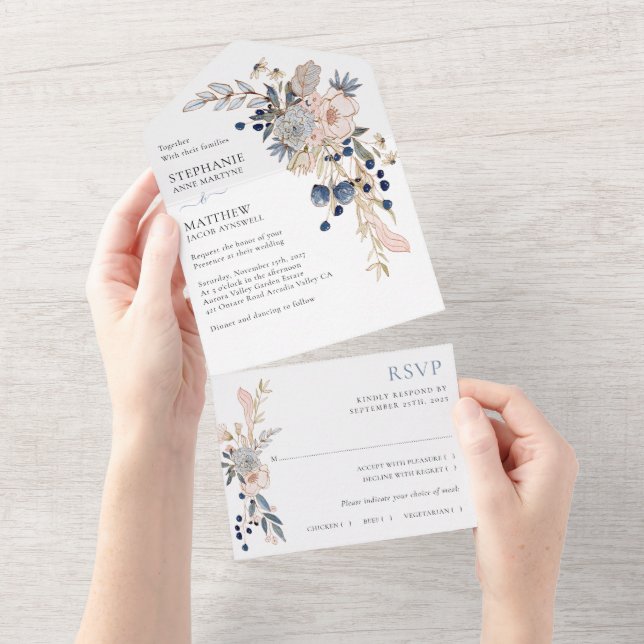 Invitación Todo En Uno Boda Botánico Moderno Rosa Azul Dusty (desgarro)