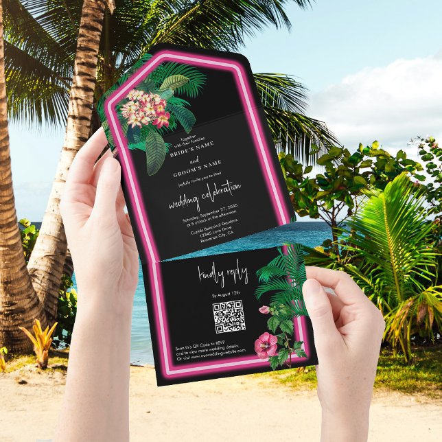 Invitación Todo En Uno Boda Botánico Retro Tropical Neón Rosa (Neon Pink Tropical Retro Botanicals Wedding All In One Invitation)