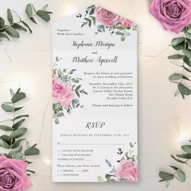 Invitación Todo En Uno Boda botánico Rosa Rosa Dusty Eucalyptus (Subido por el creador)