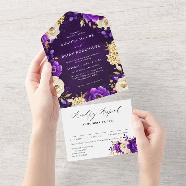 Invitación Todo En Uno Boda Botánico Royal Purple Violet Gold Floral (desgarro)