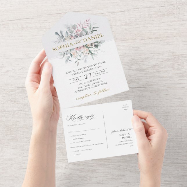 Invitación Todo En Uno Boda botánico Rubor Floral Eucalyptus (desgarro)